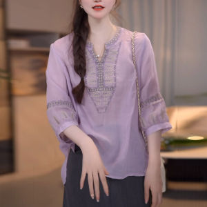 Shalldoer | Áo sơ mi nữ phong cách Bohemian mùa hè mới thiết kế thời trang thường ngày dáng rộng không tay dài cổ đứng