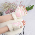 ใหม่ Kawaii ผู้หญิง WARM Cat ถุงมือแฟชั่นสาว Cat Claw Paw Plush Mittens Soft Plush สั้น Fingerless Half Finger ถุงมือฤดูหนาว. 