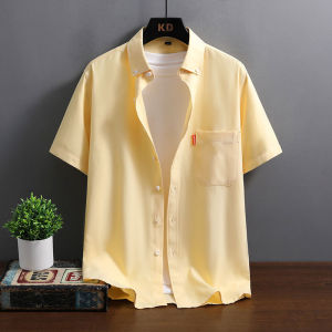 Summer 2025 Mens Short Sleeve Casual Shirt Korean Style Slim Fit Solid Color Half Sleeve White Button up Cotton Polyester Blend