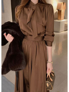 Elegant Unique Autumn Winter Set High Waist A-Line Skirt Shirt Dress Coffee Color Satin Fabric Korean Style Commute Fashion