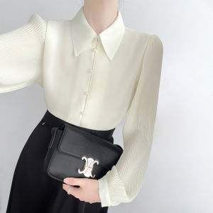 Korean Design Long Sleeve Accordion Pleated Sleeve Chiffon Shirt Womens French Style Commute White Shirt Turn-down Collar