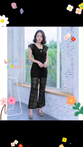 1743   Jump Suit จั้มสูทลูกไม้ขายาว ดีเทลผูกโบว์ด้านหน้า