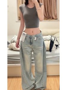 High Waist Wide Leg Retro Washed Light Denim Jeans for Taller Women Spring Autumn Loose Slim Straight Floor-Length Pants