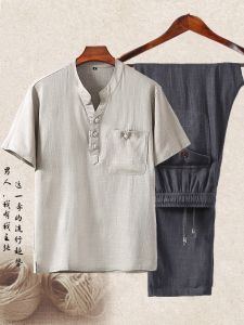 Summer Linen Cotton Sportswear Set Mens Thin Short Sleeve Loose Fit V-Neck T-Shirt Business Gentleman Style Retro Ethnic Pattern