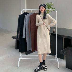 Half Turtleneck Sunken Stripe Knitting Dress Female Fall and Winter Small Mid Length Long Length Match with Coat Overknee Base Woolen Skirt