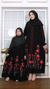 Abiyyuco TA9063A | Abaya Turki Hitam Couple Ibu Dan Anak Perempuan Baju Gamis Turkey Remaja Tanggung Bahan Wolfis Jetblack Dengan Bordir Mewah Terbaru 2025