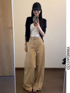 กางเกงยีนส์ทรงตรงเอวสูงสำหรับผู้หญิง ทรงหลวม ทรงเข้ารูป ฤดูใบไม้ผลิและฤดูร้อน กางเกงขายาวทรงกระบอกยาว สีกรมท่า กางเกงยีนส์ทรงตรง