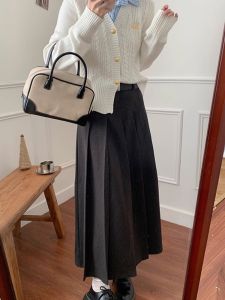 Deep Grey Woolen A-Line Midi Skirt Womens Spring Autumn College Style Pleated Umbrella Hem High Waist Slimming Skirt