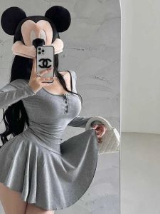 Sweet And Spicy Style A-Line Long Sleeve Short Dress with Square Collar plus Size 300 Pounds High Waist Polyester Fiber Dress