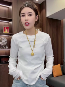 Slim Fit Long Sleeve T-Shirt Womens Autumn New Style Fishbone Line Letter Print Solid Color Versatile Casual Comfortable Top