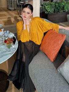 Elegant Shirt Dress Set High Waist A-Line Skirt Long Sleeve Cold Tone Ladylike Autumn Fashion Casual Polyester Blend