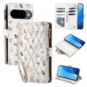 Small Flower Quilted Zipper Card Holder Wallet Crossbody Phone Case with Wrist Strap Lanyard For Google Pixel 9 10 Pro XL 9a