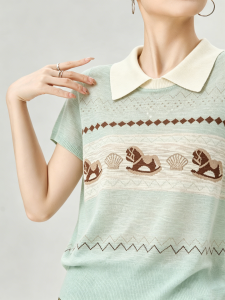 GULILI | Unique Design Green Polo Collar Embroidered Short Sleeve T-shirt for Summer