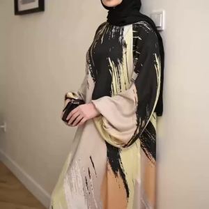 Horetong 2026 Summer Muslim Abaya Women Dress Art Print O-Neck Lantern Long Sleeve Loose Soft Modest Islamic Holiday Maxi Robe
