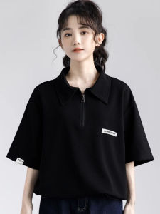 Retro Hong Kong Style Zipper Polo Shirt Short Sleeve Womens T-Shirt Summer New plus Size Conceal Meat Half Sleeve Top