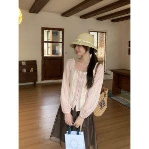 Lace Splicing Square Neck Long Sleeve Tied Shirt Spring