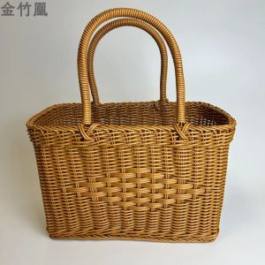 Picnic Outdoor Basket Cane Basket Imitation Rattan Woven Basket Fashion Shopping Basket Storage Basket Rattan Weave Bag Japanese and Korean Pastoral Style
