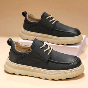 Mens Casual Leather Shoes Black Workwear Style Commuter Heightening Business Casual British Style Soft Bottom Anti-slip Sports Flats