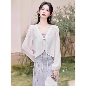 chaqi | เสื้อคาร์ดิแกนแขนยาวแบบบางสำหรับผู้หญิงในช่วงฤดูร้อน สไตล์จีนใหม่ ปกโปโล ใส่กับเสื้อเชิ้ตแขนยาวแบบสวมหัว