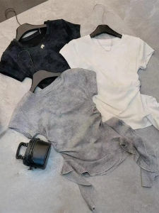 Gray Asymmetric High Waist Short Sleeve T-Shirt Womens Slimming Pure Desire American Style Summer New Fashion Versatile Top