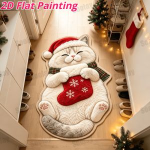 VIKAMA 2D Flat Painting Christmas Cat Rug Kitten Santa Hat Plaid Scarf Stocking Floor Mat Bedroom Non Slip Pet Home Decor