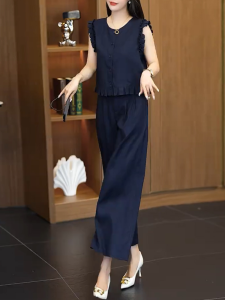 Shalldoer | Bộ đồ hai mảnh thời trang mùa hè cho nữ áo không tay và quần ống rộng viền gỗ trang phục công sở thanh lịch