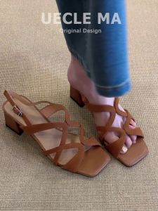 MASHUJIA | Sheepskin French Style Sandals Hollow Design Comfortable Coarse Heel