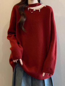 French Beaded Lace Off-Shoulder Red Sweater Women Winter Large Size Christmas Middle-Length Knitted Top Commute Style Loose Fit