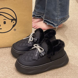 Fashion Rhinestone Bows Cotton Slippers Womens Winter Indoor and Outdoor Fleece Lined Padded Warm Keeping Water-Proof Bag Heel Cotton-Padded Shoes