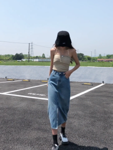 Rok jeans longgar high-waist rok denim import Korea kain nyaman fashion dan trendi dress jeans skirt