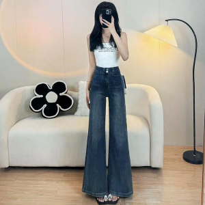 กางเกงยีนส์ทรงหลวมเอวสูงทรงขาบานสำหรับผู้หญิง กางเกงขายาวทรงหลวม ทรงสลิม ทรงเข้ารูป สไตล์สตรีท ลำลอง วัสดุผ้าเดนิม