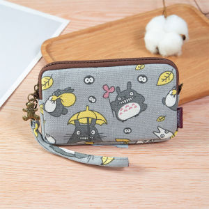 Mini Fresh Korean Style Canvas Wallet for Women with Large Capacity Zipper Closure Polyester Lining Cartoon Animation Print