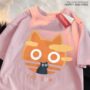 The Sun Orange Cat Fun Japanese Style Male Cotton O-Neck T-Shirt Summer Loose Oversize Clothes High Quality Brand Short Sleeve