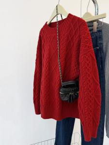 Red Twist Woolen Sweater Womens Winter Outerwear Loose Knitted Warm Thickened Winter Fashion Soft Cozy New Year Celebration Top
