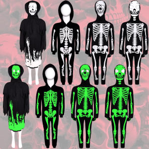 Halloween Glow-in-the-dark Skeleton Onesie Fluorescent Skeleton Tight Clothes Black Robe Death God Performance Costume