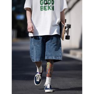 Classic Washed Deep Blue Jeans Shorts for Teens Loose Fit Straight Leg mid Waist Five Pocket Casual Summer Shorts for Boys