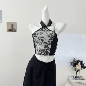 Áo cổ halter in họa tiết chinoiserie retro không tay cài nút