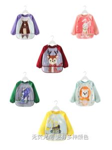 Cute Baby Bibs Waterproof Kids Burp Cloth Cartoon Infant Eating Bib with Pocket Children Drawing Long Sleeve Apron