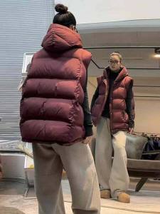 Womens Hooded Fleece Jacket Vest Warm Thickened Autumn Winter New Style Elastic Waist Slimming Cotton down Coat Red Mulberry