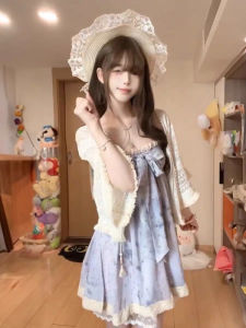 Váy Mùa Hè Màu Tím Thắt Nút Bướm Cho Nữ Áo Che Nắng Váy Hai Mảnh Váy Ngắn Váy Không Tay Váy Chữ A Váy in Hoa Váy Mùa Hè