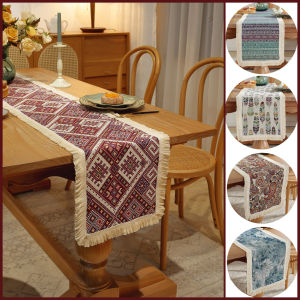 Jacquard Table Runner with Tassel Black and White Geometric Tablecloth Table Cover Home Party Decor Napkin TV Cabinet Dust Cover