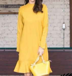 ●ECLAIRE● 063 Dress Mini Lengan Panjang Longsleeves Mutiara Pearl Mermaid Basic Kasual Casual Polos Plain Dailywear Kuning Mustard 981