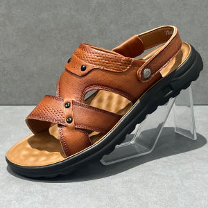 Mens Summer Wear Leather Sandals Soft Bottom Anti-Slip Driving Slippers Outerwear Casual Slip-On Shoes Top Layer Cowhide