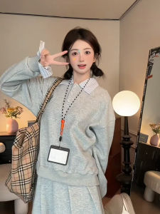 Korean Style Long Sleeve Polo Neck Shirt Loose Fit Color Block Striped Design Womens Casual Sweatshirt Fake Two-Piece