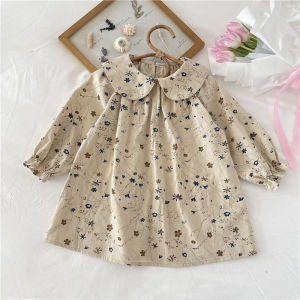 Spring New Style Floral Print A-Line Skirt Dress for Girls Long Sleeve Doll Collar Baby Princess Dress Korean Style Cotton Dress