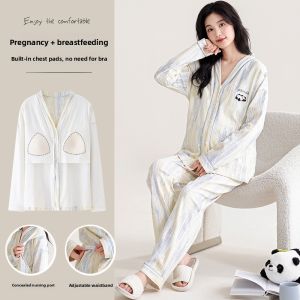 MiiOW | Pure Cotton Maternity Nightgown Nursing Sleepwear With Chest Pad Home Clothes For Pregnant Women Postpartum Sweat Absorbent