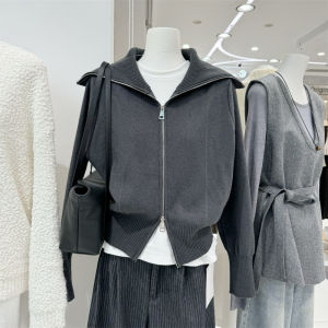 Korean Style Zipper Knitted Sweater Casual Large Collar New Arrival Versatile Leisure Pullover Polyester Fiber Skin-friendly Breathable