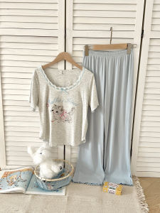 Cute Cat Print Sleepwear Womens Summer 2025 New Modal Short Sleeve Long Pants Lace Trim Casual Outdoor Wearable Set