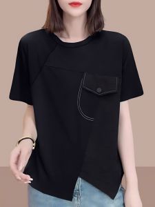 Asymmetrical Black Short-Sleeved T-shirt Women Fall New Arrival Pure Cotton European Shirt Fashion Loose Slimming Top