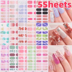 5Sheets(80Tips) Dopamine Color Baking-Free Nail Stickers 3D Foil/Lines Full-Cover Nail Wraps Summer Lasting Adhesive Nail Decals